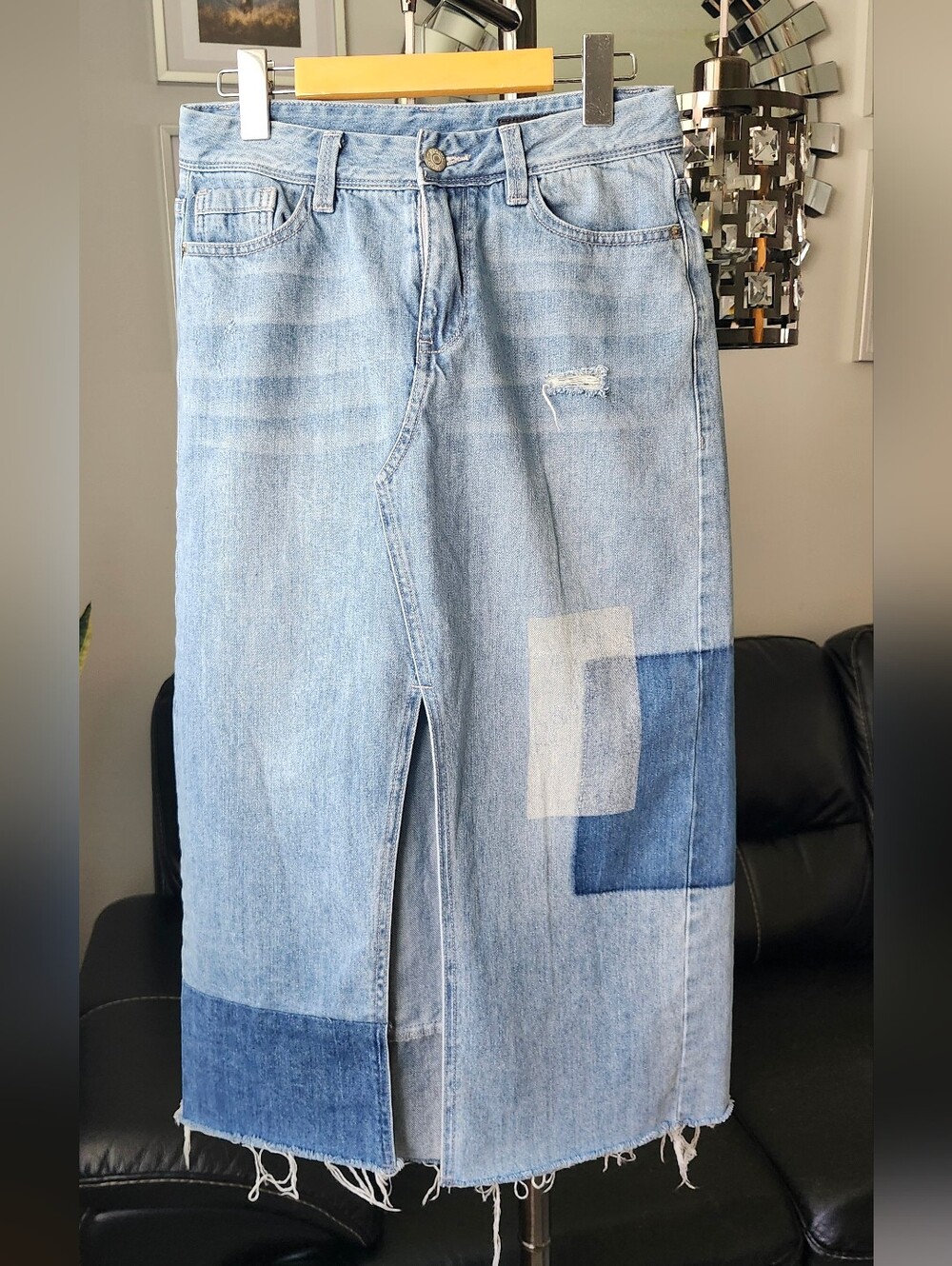 Light Wash Denim Midi Skirt with Patch Detail